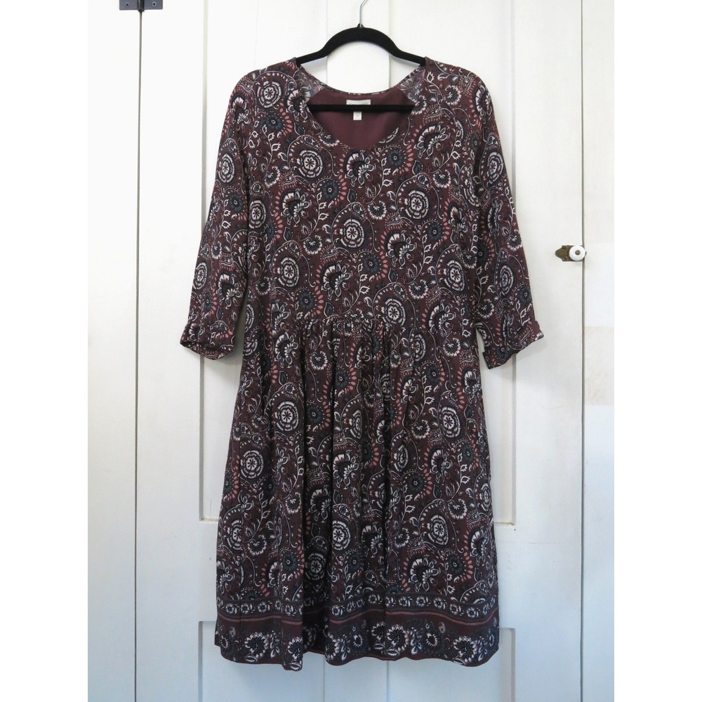 Garnet Hill Paisley Boho Dress 8 V-Neck Pocket-Detail Brown Flowy Hippie